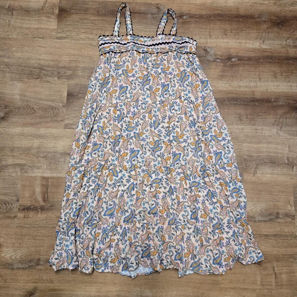 Dear John Women's Maxi Dress Peach Color Blue & Orange Floral Pattern Large